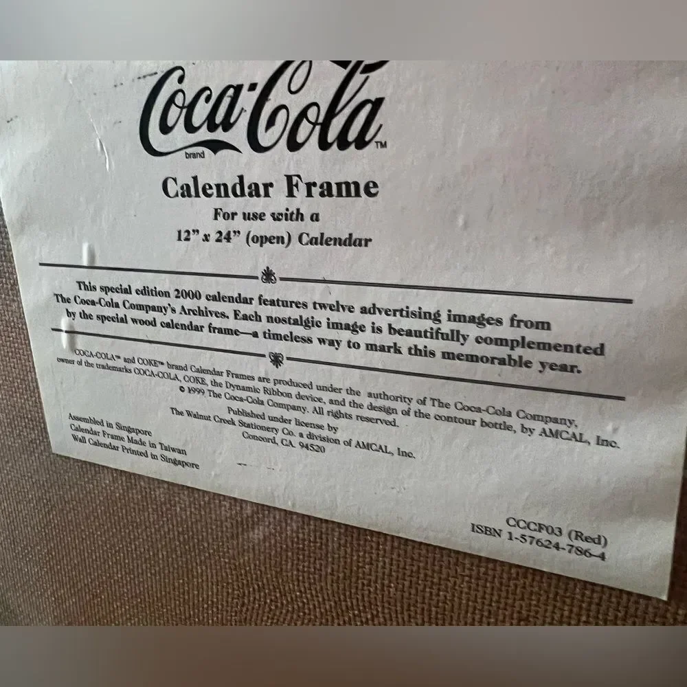 COCA-COLA VINTAGE 1999 Y2K SPECIAL EDITION YEAR 2000 CALENDAR IN FRAME 28”~NEW